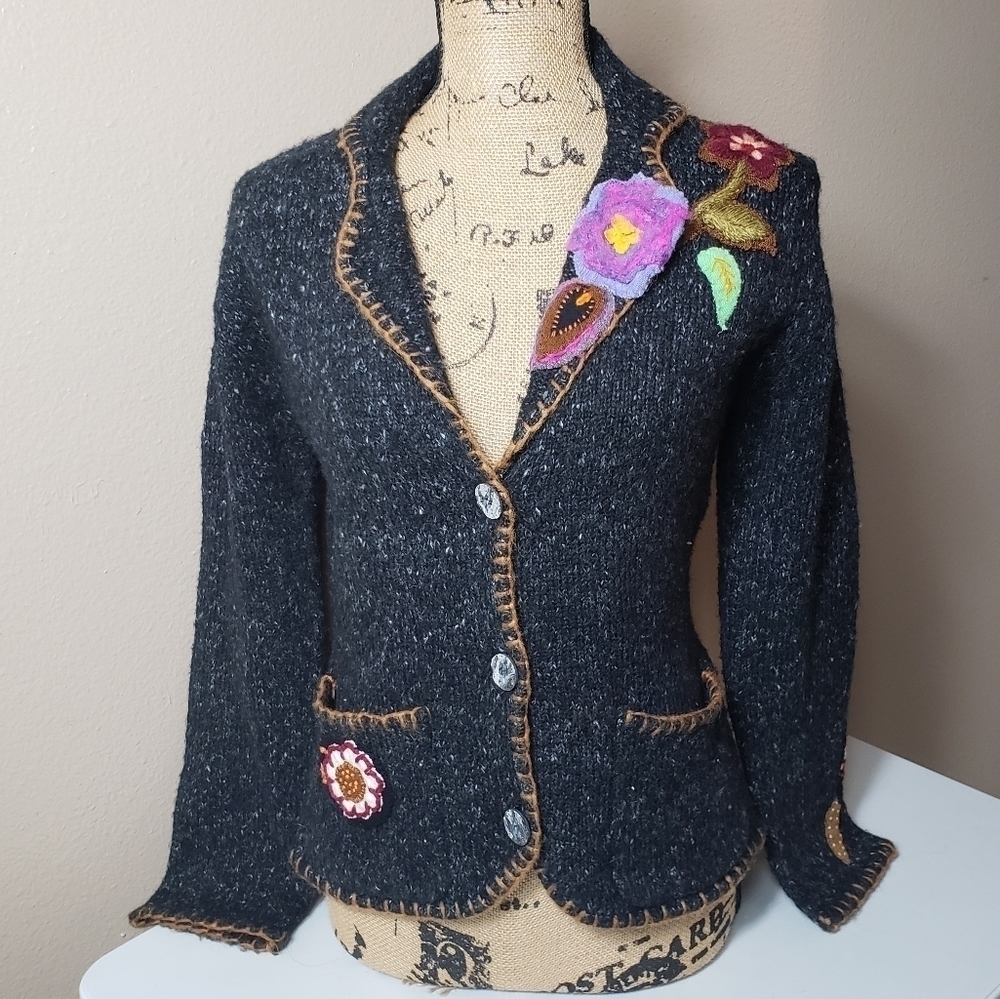 Relais Mohair Blend Floral Applique Sweater 2 Button Blazer-Size S